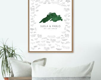 Wedding Guest Book Alternative: Custom Lake Map (Forest Green Watercolor)