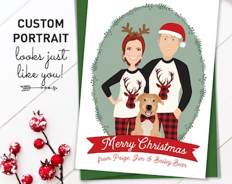 Merry Christmas Card with Custom Family Portrait, Matching Christmas Pajamas Couple with Dog Cartoon, Printed Christmas Cards