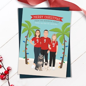 Biglietti di auguri personalizzati per le feste di famiglia, illustrazioni di ritratti di famiglia, biglietti di Natale tropicali, biglietti di auguri di Natale personalizzati con cartoni animati, set di biglietti di auguri