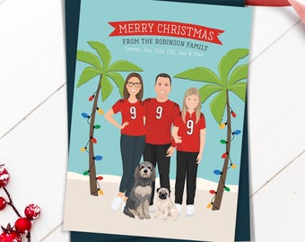 Personalized Family Holiday Cards, Family Portrait Illustration, Tropical Christmas Cards, Christmas Card Custom Cartoon, Holiday Card Set