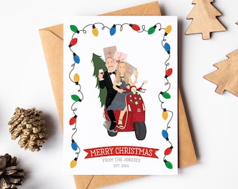 Campy Vespa Christmas Cards with Custom Couple Portrait, Vintage Red Vespa Cartoon, Personalized Holiday Card with Colorful Christmas Lights