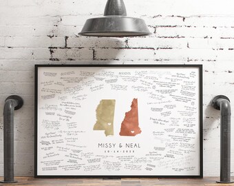 Custom Map Guest Book, Watercolor Wall Art, Personalized Sign In Keepsake, Guestbook Alternative Art, Mississippi and New Hampshire Wedding