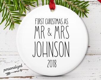 Our First Christmas as Mr and Mrs, Rustic Minimalist Ornament, Modern Farmhouse Decor, Couple Wedding Gift Idea, Black and White