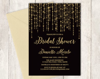 Elegant Bridal Shower Invitation / Great Gatsby Bokeh String Light / Black and Gold Calligraphy  ▷ Printed Heavy Paper {or} Printable