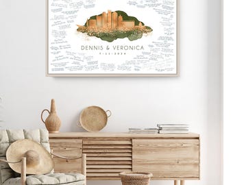 City Skyline Canvas: Personalized Denver Wedding Art (Rustic Maple Frame)