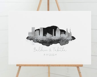 Wedding Guest Book Alternative • Baltimore Skyline Wall Art • Maryland Canvas Guestbook Gift • Faux Metallic Silver and Black Watercolor