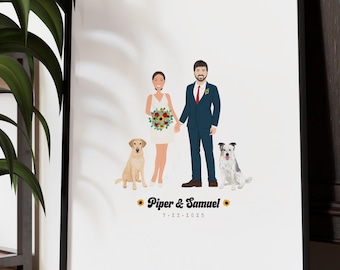 Wedding Guest Book Alternative Canvas, Couple Portrait with Dogs, Sunflower Wedding Guest Book, Sunflower Bouquet, Destination Wedding Decor