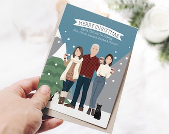 Personalized Family Christmas Card - Handdrawn Cartoon Portrait with Pets