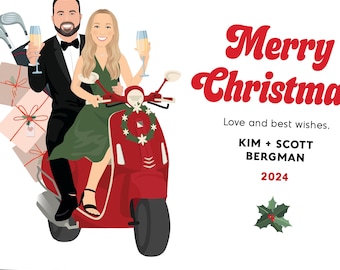 Custom Drawn, Family Portrait, Cartoon Couple Christmas Card, Printable or Printed, Personalized Holiday Greeting, Unique 5x7 Art