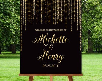 Cartel de bienvenida para bodas, estilo Gatsby, negro y dorado (texto personalizado)