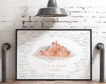 Dallas Skyline Guestbook, Rose Gold Watercolor (Personalized Wedding)