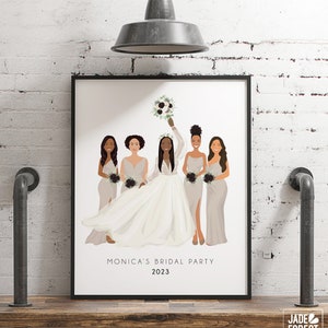Custom Boho Bridal Party Portrait in Neutral Colors, Personalized Drawing from Photos, Fun Christmas Gift for Bride or Newlywed Best Friend