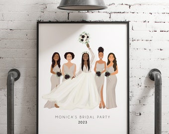 Custom Boho Bridal Party Portrait in Neutral Colors, Personalized Drawing from Photos, Fun Christmas Gift for Bride or Newlywed Best Friend