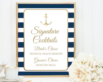 Nautical Signature Cocktail Sign / Nautical Stripes / Navy Stripes, Gold Anchor / Navy and Gold ▷ Printable File {or} Printed & Shipped