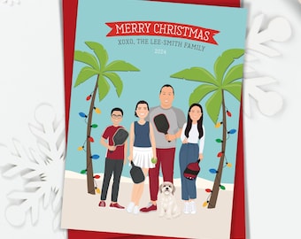 Custom Holiday Card for Pickleball Family, Palm Trees and Paddles, Bespoke Holiday Cards 2024, Tropical Holiday Cards, 100% Recycled