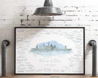 Austin Skyline Guestbook, Wedding Alternative, Texas Canvas Gift, Faux Metallic Silver, Azure Blue Watercolor, Signature Wall Decor