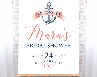 Nautical Bridal Shower Sign, Coral Navy Blue Bridal Shower Welcome Canvas Print, Beach Wedding > PRINTED Sign for Wedding Shower Countdown