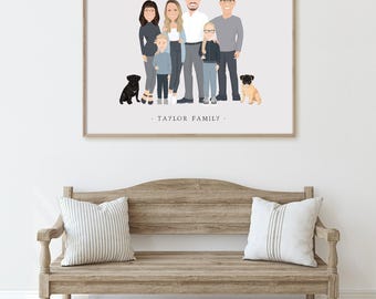 Family Portrait Illustration, Custom Kids Drawing, Neutral Colors (Handmade)