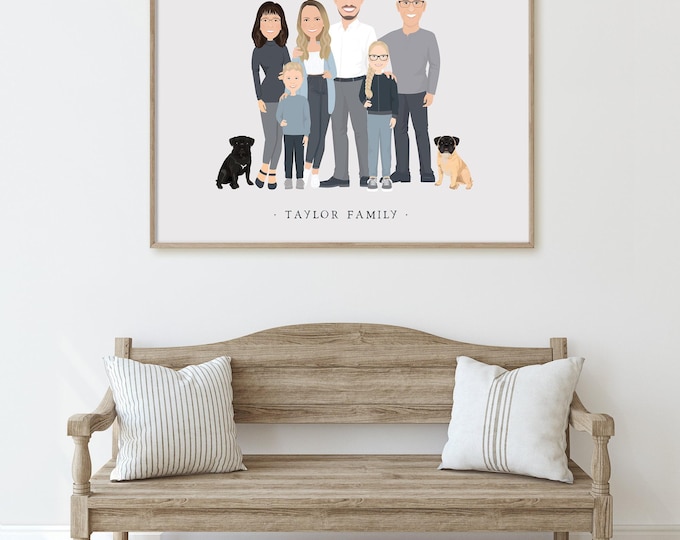 Featured listing image: Family Portrait Illustration, Custom Kids Drawing, Neutral Colors (Handmade)
