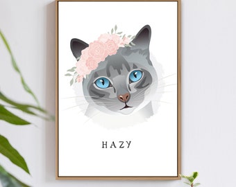 Custom Cat Portrait Cartoon with Flower Crown  > personalized pet portrait canvas, gray tabby cat art print, large framed drawing from photo