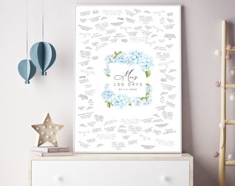 100th Day Guest Book Alternative, Blue Hydrangea Guestbook for 100 Days Celebration, Happy 100th Day Celebration, Baby’s 100 Days