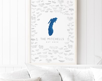 Lakeside Wedding Guest Book, Watercolor Lake Map (Canvas or Paper)