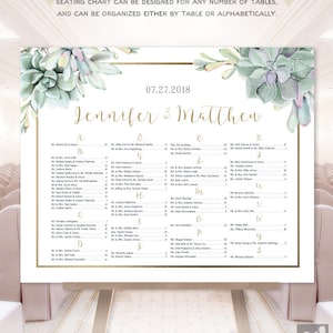 May include: A wedding seating chart with a watercolor succulent design. The chart is titled "Jennifer & Matthew" and includes the date "07.27.2018". The chart lists guest names and table numbers.