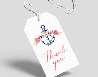 Nautical Favor Tag, Coral Navy Blue Wedding Favor Tags with String for Beach Destination Wedding > PRINTED Tags, Round or Square Stickers
