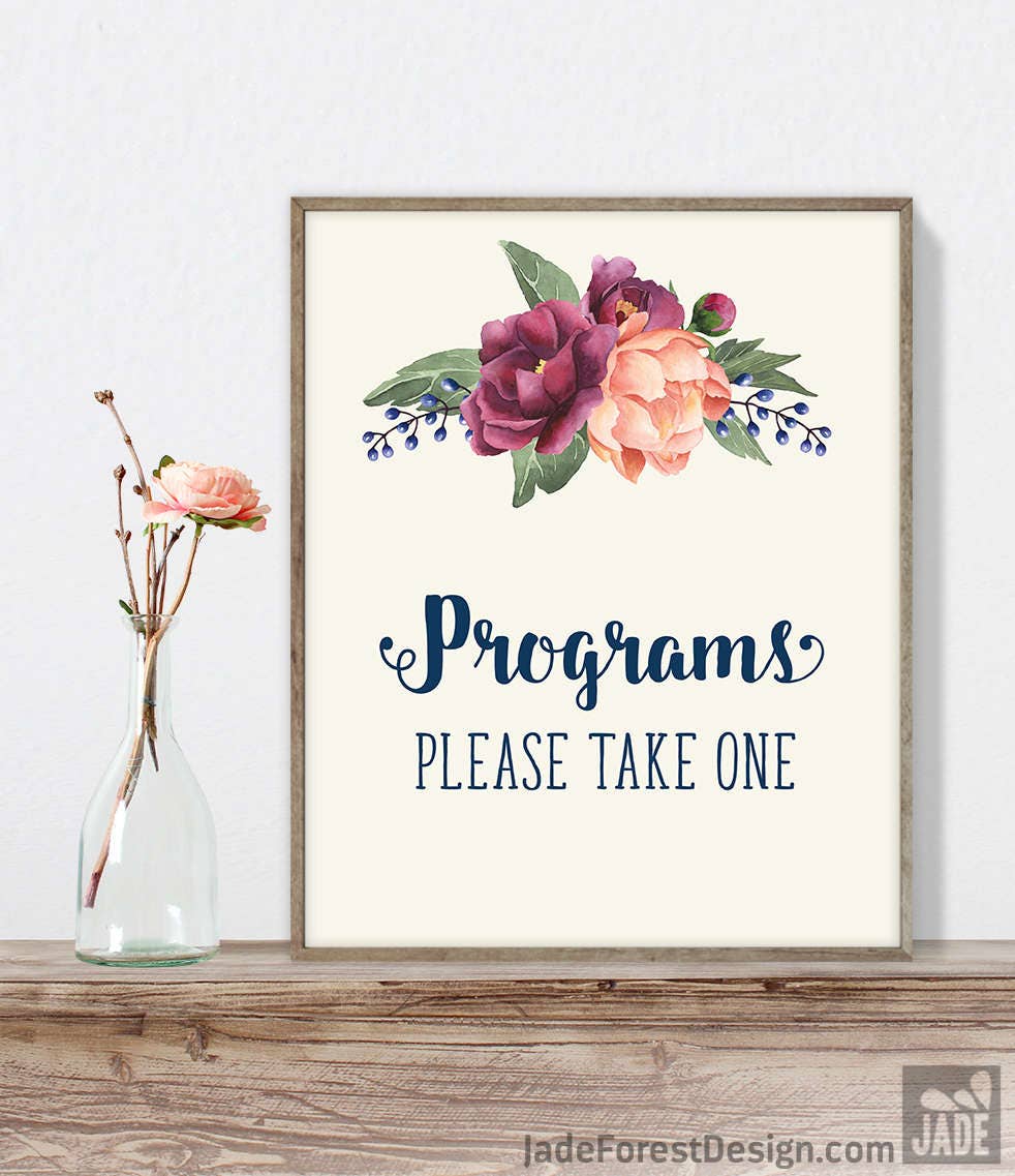 Wedding Programs Sign Diy Please Take One Burgundy Peony