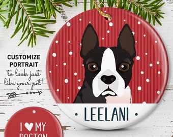 Boston Terrier Ornament, Personalized Pet Portrait Christmas Ornament, Custom Pet Illustration, Unique Gift for Pet Lover