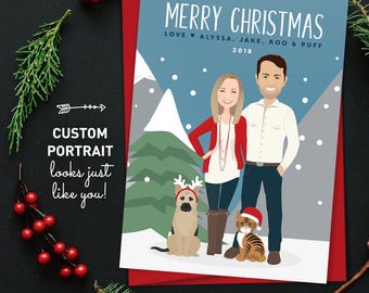 Custom Pet Christmas Card: Cartoon Couple with Dog and Cat Portrait
