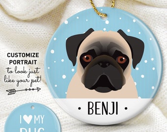 Pug Christmas Ornament, Personalized Ornament with Custom Pet Cartoon, Unique Gift for Dog Parents