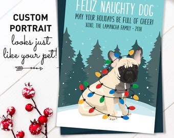 Frenchie Christmas Card, Unique Holiday Cards with Custom Pet Portrait, Funny Dog Holiday Card, French Bulldog / Frenchie Mom Xmas Card