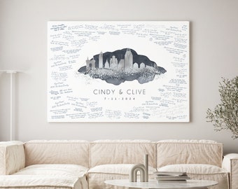 Elegant Wedding Guest Book Alternative, Cincinnati Skyline Wall Art, Ohio Wedding Guestbook Gift, Silver and Dark Charcoal Gray Watercolor