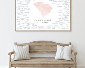 South Carolina Wedding Guest Book - Watercolor Map with Heart Cities