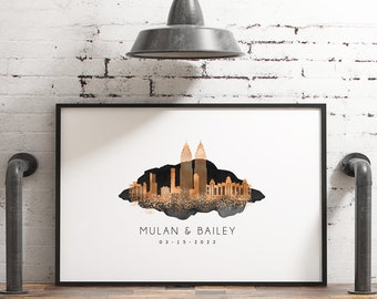 custom city skyline wedding guest book alternative, Mumbai skyline wall art, unique anniversary gift ideas, faux copper & black watercolor