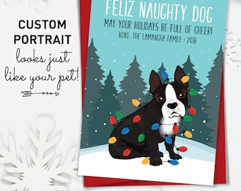 Boston Terrier Christmas Card, Unique Holiday Cards with Custom Pet Portrait, Funny Dog Holiday Card, Boston Terrier Xmas Card