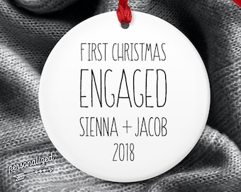 Minimalist Engaged Ornament, Modern Farmhouse Christmas Ornament Personalized, Christmas Engagement Gift Idea, Black and White