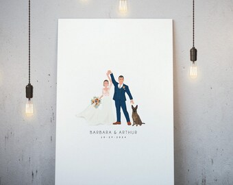 Wedding Cartoon Portrait with Pets (Custom Guest Book Canvas)