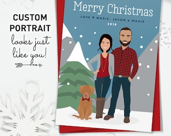 Portrait Christmas Card, Custom Family Portrait, Cartoon Couple with Dog Illustration, Printed Holiday Cards 5x7