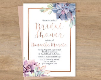 Succulent Bridal Shower Invitation DY / Greenery and Rose Gold Geometric / Cactus and Copper ▷ Personalized and emailed printable file