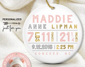 Baby Girl First Christmas Ornament - Custom Birth Details, Pink Gold