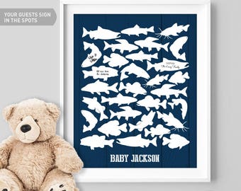 Fishing Guest Book Alternative / Freshwater Fish / Salmon Trout Carp Pike Bass / Fishing Poster / White & Navy ▷Canvas, Paper {or} Printable