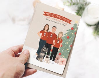 Personalized Drawing, Unique Holiday Card, Custom Portrait, Illustrated Family Portrait with Pets, Funny Christmas Card, Custom Jerseys