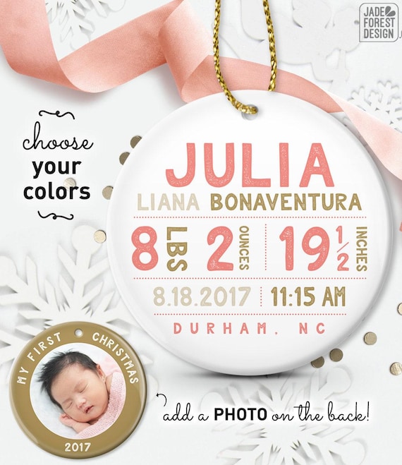 Personalized Baby Girl Ornament - Coral and Gold First Christmas