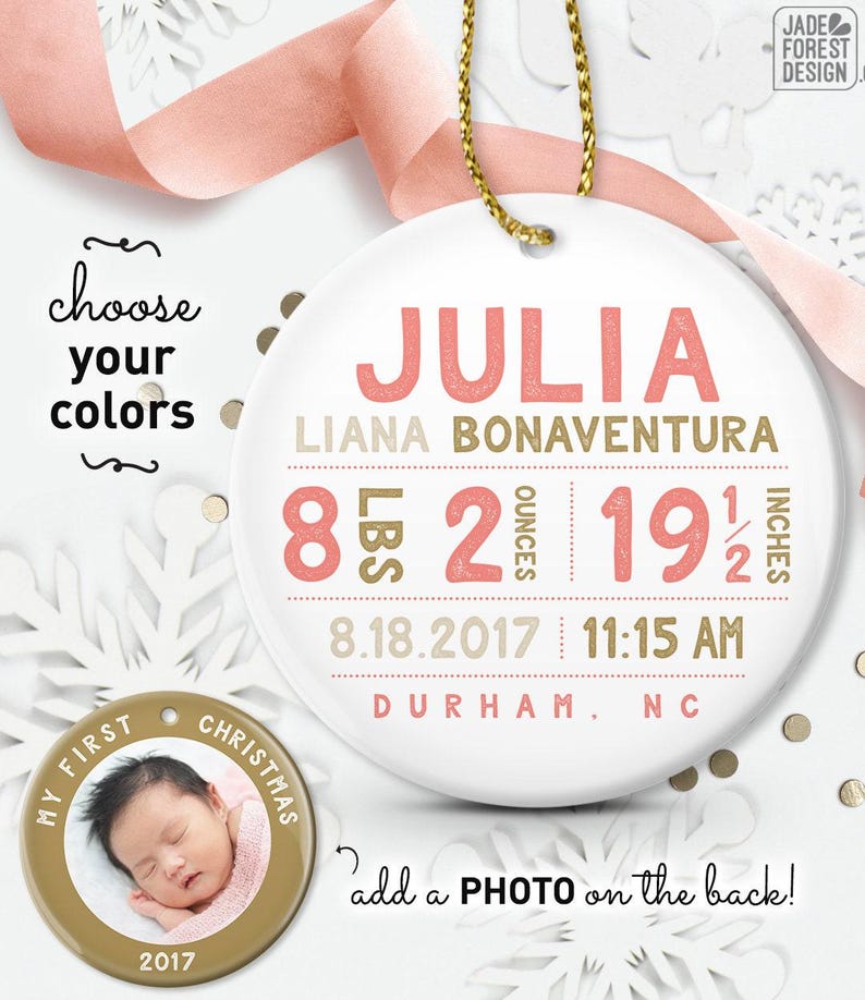 Personalized Baby Girl Ornament - Coral and Gold First Christmas image 1