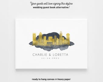 Charlotte Skyline Guestbook: Custom Wedding Canvas with Charcoal Gold