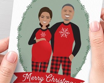 Christmas Pregnancy Announcement Card, Custom Family Portrait Christmas Cards, Matching Christmas PJs, Printed Holiday Card 5x7