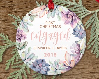First Christmas Engaged, Succulent Engagement Ornament, Engagement Gift for Couple, Pink and Purple Succulent