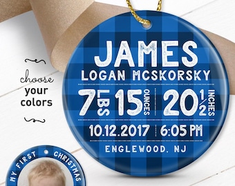Personalized Baby Ornament: Blue Plaid - Custom Stats & Photo Back